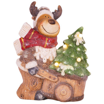 Decoration MagicHome Christmas, Reindeer with wagon, 4 LED, 3xAA, ceramics, 33,50x24x43 cm