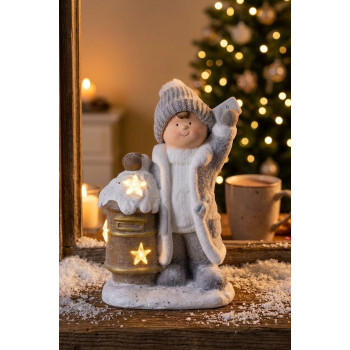 Decoration MagicHome Christmas, Boy with mailbox, 1 LED, 3xAA, ceramics, 33x23x45 cm