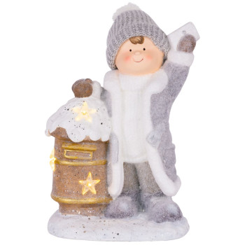 Decoration MagicHome Christmas, Boy with mailbox, 1 LED, 3xAA, ceramics, 33x23x45 cm