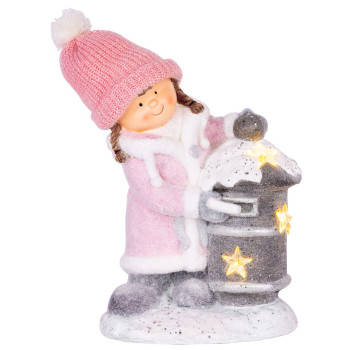 Decoration MagicHome Christmas, Girl with mailbox, 1 LED, 3xAA,  ceramics, 31x23x43 cm