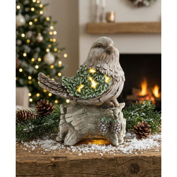 Decoration MagicHome Christmas, Titmouse on a trunk, 9 LED, 3xAAA, ceramics, 22x21,50x40 cm