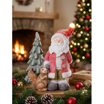 Decoration MagicHome Christmas, Santa with a squirrel and a Christmas tree, 1 LED, 2xAAA, ceramics,