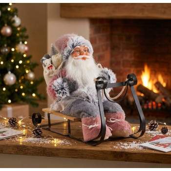 Decoration MagicHome Christmas, Santa on sleigh, gray - pink, 46 cm