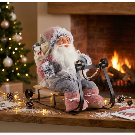 Decoration MagicHome Christmas, Santa on sleigh, gray - pink, 46 cm