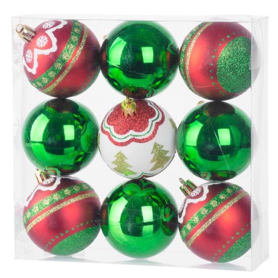 Globes MagicHome Christmas, 9 pcs, red - green, with decoration, on the Christmas tree, 6 cm