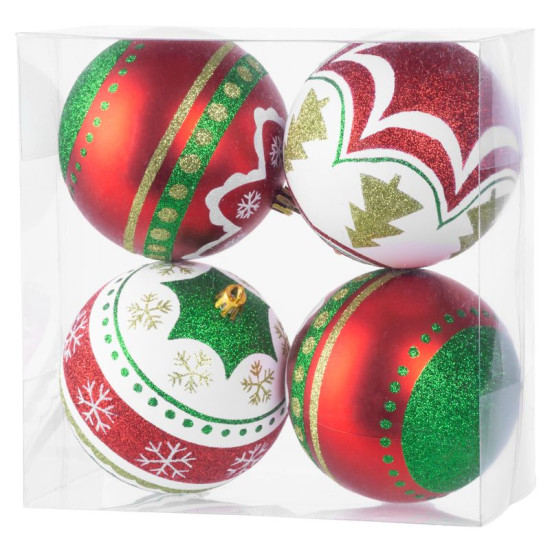 Globes MagicHome Christmas, 4 pcs, red - green, with ornaments, on the Christmas tree, 10 cm Globes MagicHome Christmas, 4 pcs, red - green, with ornaments, on the Christmas tree, 10 cm