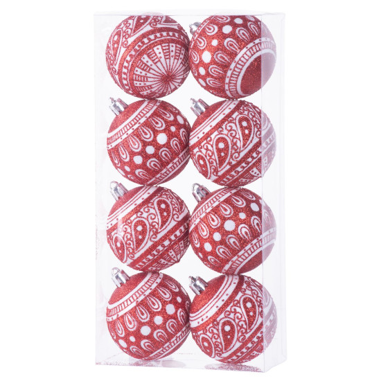 Globes MagicHome Christmas, 8 pcs, 6 cm, red with white ornament, on the Christmas tree