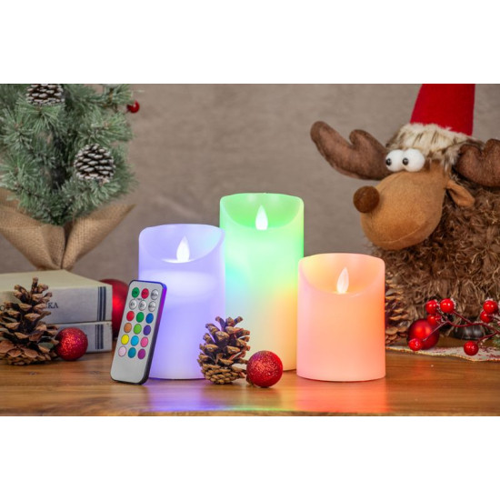 MagicHome LED küünlad, komplektis 3 tk (7,5 x 10; 12,5; 15 cm), 1 LED, 12 vahelduvat värvi, 3xAAA, taimer, liikuv leek MagicHome LED küünlad, komplektis 3 tk (7,5 x 10; 12,5; 15 cm), 1 LED, 12 vahelduvat värvi, 3xAAA, taimer, liikuv leek