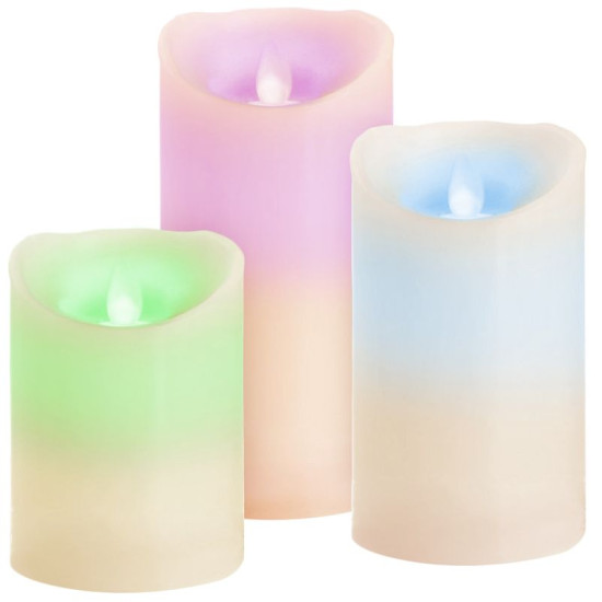 MagicHome LED küünlad, komplektis 3 tk (7,5 x 10; 12,5; 15 cm), 1 LED, 12 vahelduvat värvi, 3xAAA, taimer, liikuv leek MagicHome LED küünlad, komplektis 3 tk (7,5 x 10; 12,5; 15 cm), 1 LED, 12 vahelduvat värvi, 3xAAA, taimer, liikuv leek