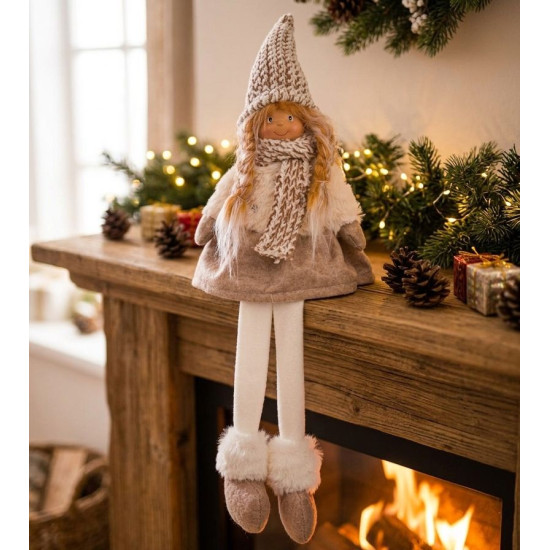 Figurine MagicHome Christmas, Girl with high hat, fabric, brown-white, 17x12x54 cm