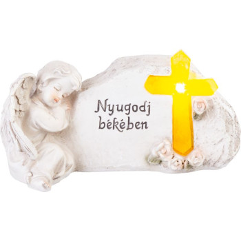 MagicHome decoration, Angel with a cross, polyresin, for grave, solar, 20.5x11x11 cm, with Hungarian name