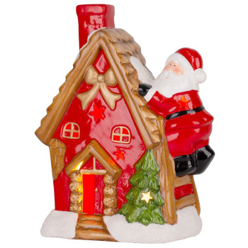 Decoration MagicHome Christmas, House with Santa on the roof, LED, terracotta, 2xAAA, 27x13x34 cm