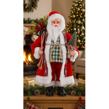 MagicHome Christmas decoration, Santa with a bag of gifts and a tree, ceramics, 46 cm