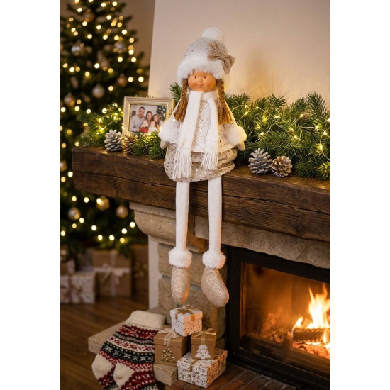 MagicHome Christmas figure, Little girl in a white hat with long legs, white-gold, fabric, 15x10x45 cm MagicHome Christmas figure, Little girl in a white hat with long legs, white-gold, fabric, 15x10x45 cm