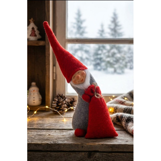 MagicHome Christmas figurine, Elf with a sack, red, fabric, 13x10x43 cm