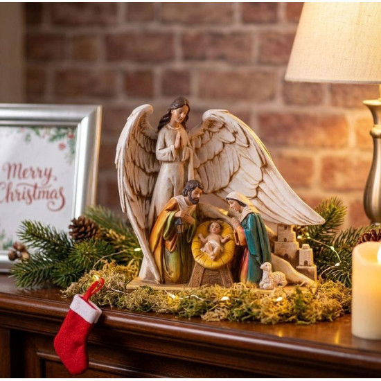 MagicHome Christmas decoration, Holy family under the wings of an angel, polyresin, 21.5 cm