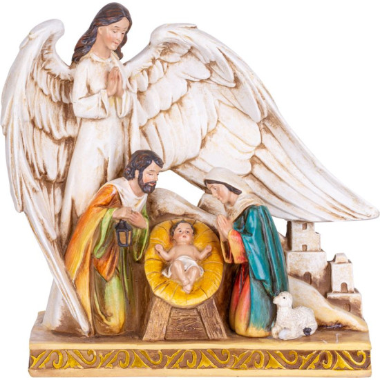 MagicHome Christmas decoration, Holy family under the wings of an angel, polyresin, 21.5 cm