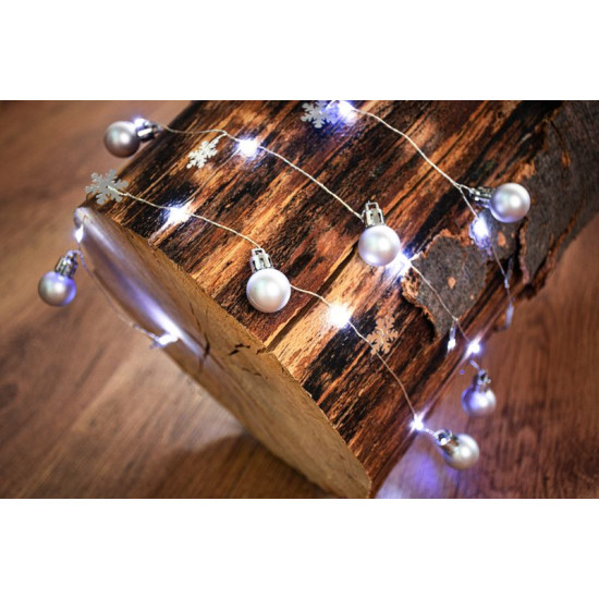 MagicHome Christmas Ball chain, 20x LED cold white, with balls and flakes, silver, 2xAA, simple lighting, lighting, L-1.9 m