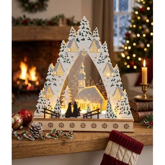 Decoration MagicHome Christmas, Village with Church, LED, MDF, 30x7x33.5 cm, 2x AAA