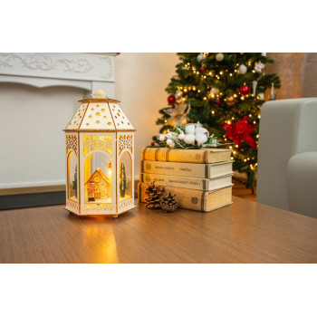 MagicHome jõululatern, puidust küla, 9x LED, soe valge, 16,5x14x30 cm