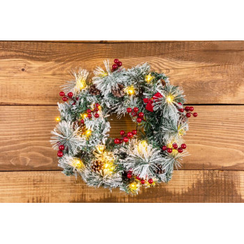 LED рождественский венок MаgiсHome, натуральный, заснеженный, с сосновыми шишками, 20 LED, теплый белый, 3xAA, 8 функций, 30 см