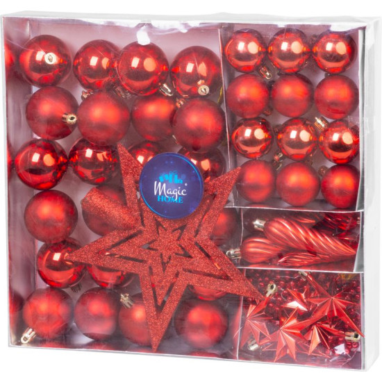Jõulupallid MagicHome, komplekt, 50 tk (täht, pallid, käbid, vanik), punane, kuusele Jõulupallid MagicHome, komplekt, 50 tk (täht, pallid, käbid, vanik), punane, kuusele