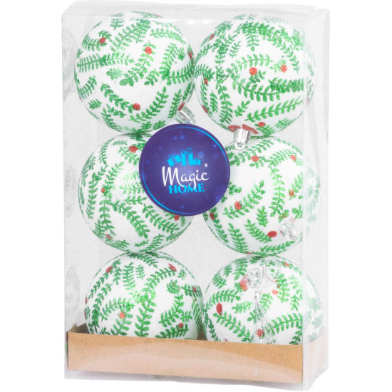 MagicHome Christmas balls, 6 pcs, white with sparkling ornament, matte, with decoration, for Christmas tree, 8 cm MagicHome Christmas balls, 6 pcs, white with sparkling ornament, matte, with decoration, for Christmas tree, 8 cm