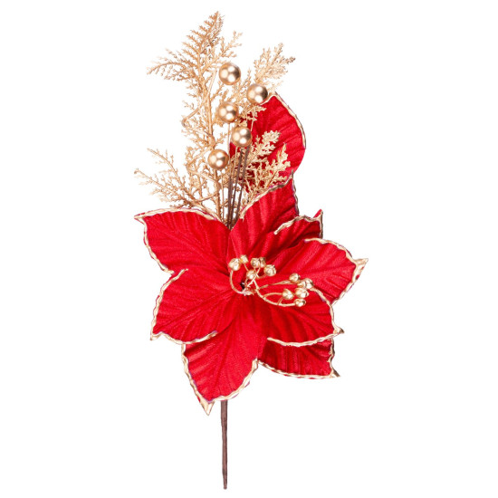 MagicHome Christmas flower, Poinssetia, red with gold trim, stem, flower size: 31 cm