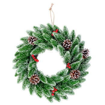 MagicHome Christmas wreath, with berries, natural, snowy, 33 cm