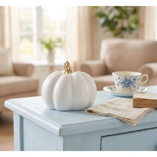 Decoration MagicHome ,Pumpkin with golden stem, white, porcelain, 12,7x12,3x10,8 cm Decoration MagicHome ,Pumpkin with golden stem, white, porcelain, 12,7x12,3x10,8 cm