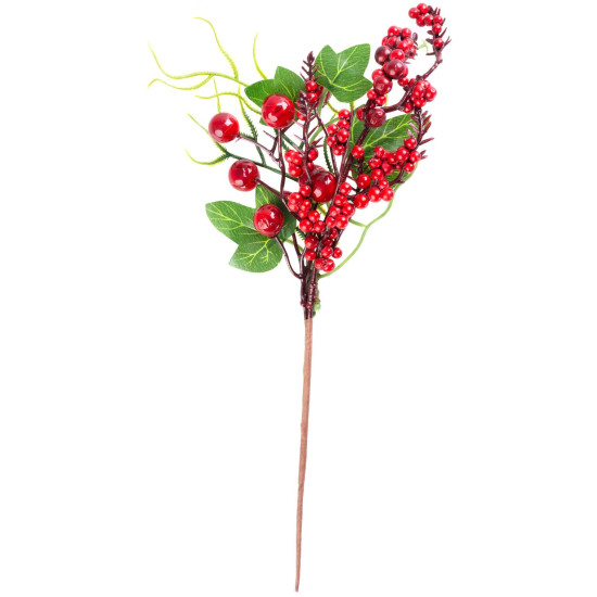 MagicHome Christmas twig, with berries and leaves, red, 32 cm