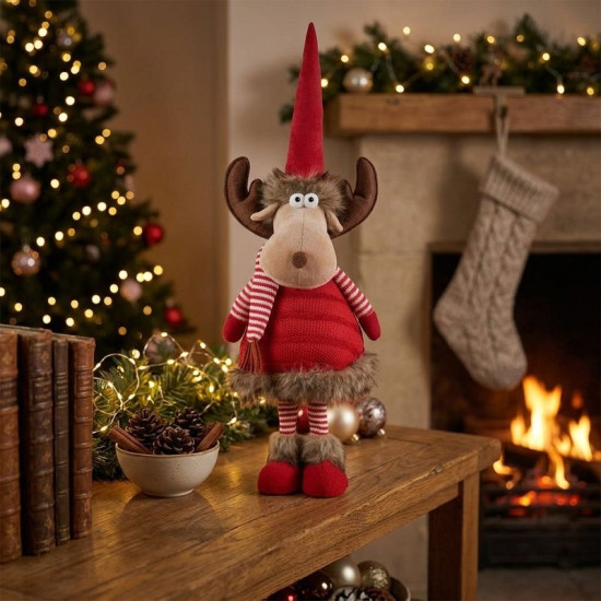 MagicHome Christmas figurine, Reindeer doe with scarf, fabric, red, 18x16x55 cm