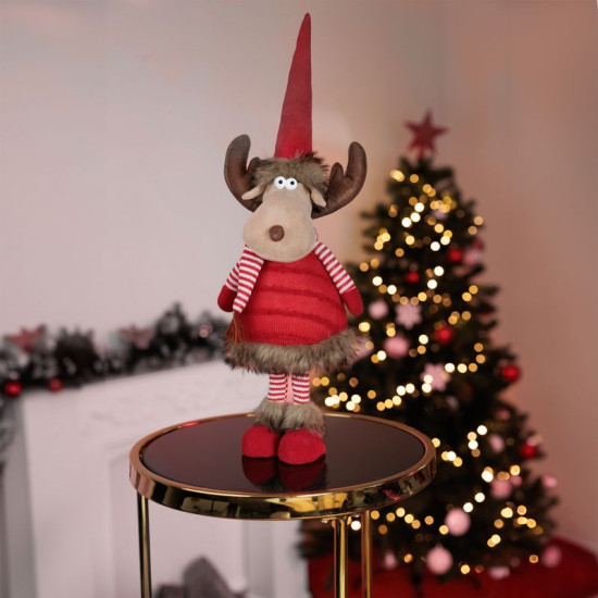 MagicHome Christmas figurine, Reindeer doe with scarf, fabric, red, 18x16x55 cm