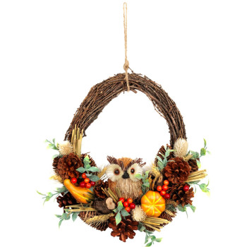 MagicHome Nature wreath, autumn, orange, with an owl, 35x34x10 cm