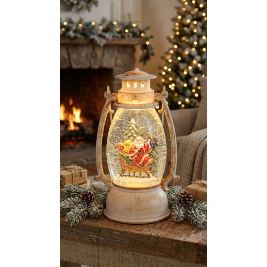 Lantern MagicHome Christmas Retro, LED, with Santa on a sleigh, with glitter, white, 3xAA, plastic, 13x11x24/35 cm