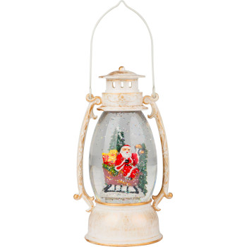 Lantern MagicHome Christmas Retro, LED, with Santa on a sleigh, with glitter, white, 3xAA, plastic, 13x11x24/35 cm