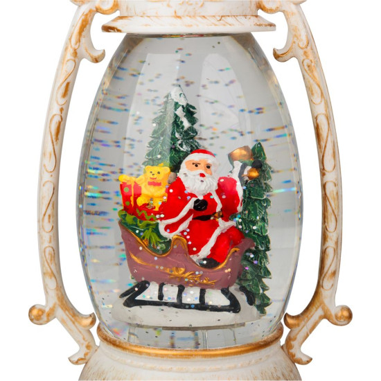 Lantern MagicHome Christmas Retro, LED, with Santa on a sleigh, with glitter, white, 3xAA, plastic, 13x11x24/35 cm