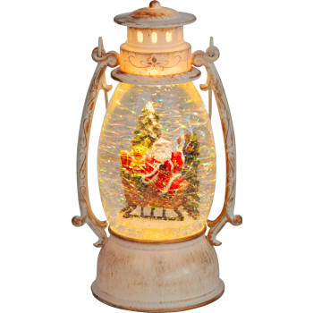 Lantern MagicHome Christmas Retro, LED, with Santa on a sleigh, with glitter, white, 3xAA, plastic, 13x11x24/35 cm