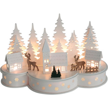 Новогоднее украшение MagicHome, Деревня с оленями, 10 светодиодов теплого белого цвета, 2xAA, МДФ, 30x14x19,5 см