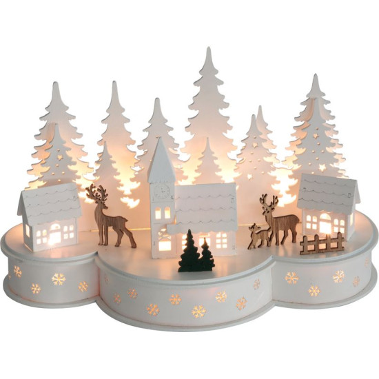 Новогоднее украшение MagicHome, Деревня с оленями, 10 светодиодов теплого белого цвета, 2xAA, МДФ, 30x14x19,5 см