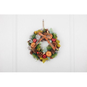 MagicHome Nature wreath, hanging, autumn, orange, with bow, 30 cm
