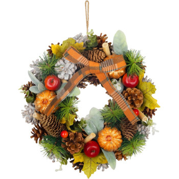 MagicHome Nature wreath, hanging, autumn, orange, with bow, 30 cm