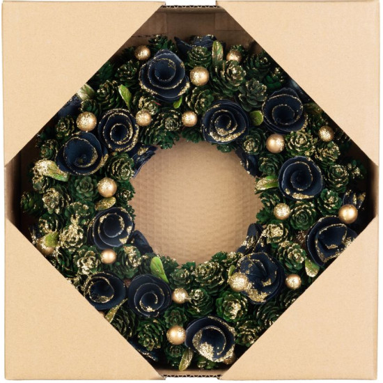 MagicHome Christmas wreath, hanging, green-blue-gold, 29 cm
