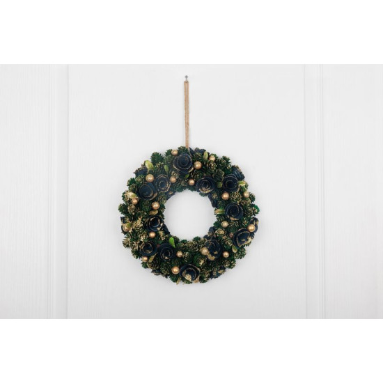 MagicHome Christmas wreath, hanging, green-blue-gold, 29 cm