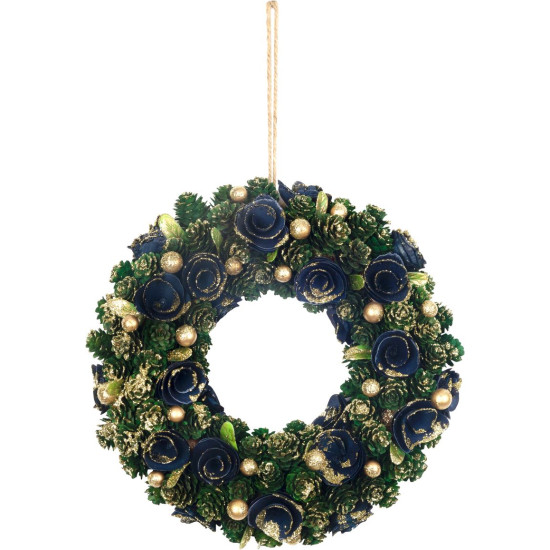 MagicHome Christmas wreath, hanging, green-blue-gold, 29 cm