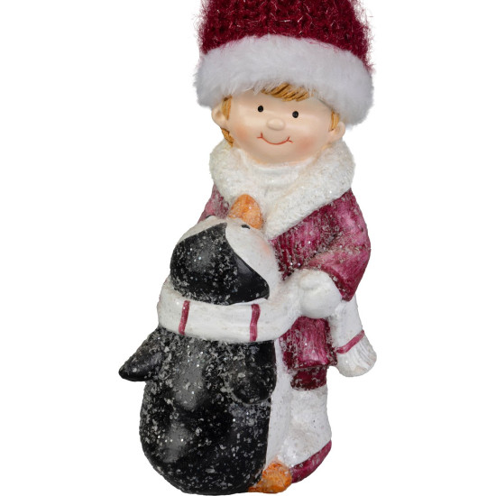MagicHome Christmas Decoration, Boy with Penguin, 6.3x9.3x22.5 cm
