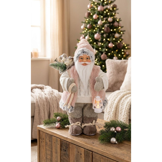 MagicHome Christmas decoration, Santa, with gift, pink-brown, 30 cm